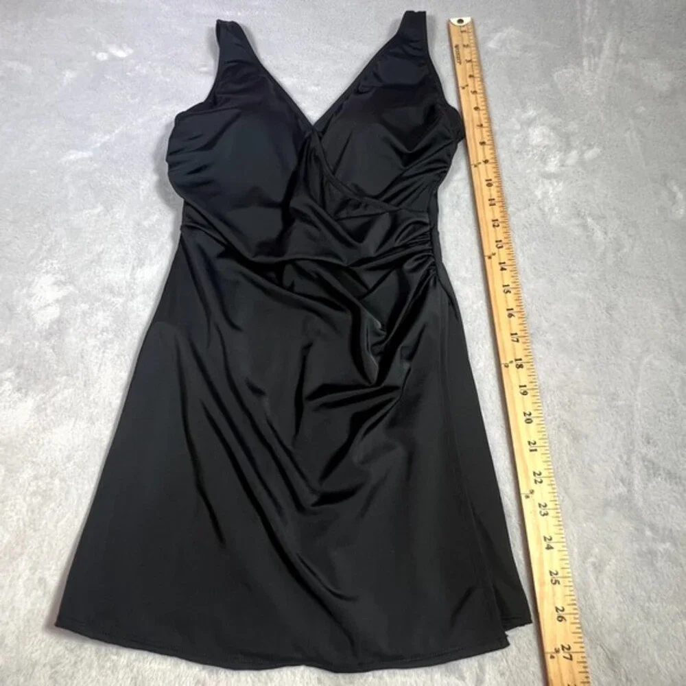 D&Co Beach Swimsuit Womens 4‎ Black One Piece Ruched V Neck Swim Dress Summer